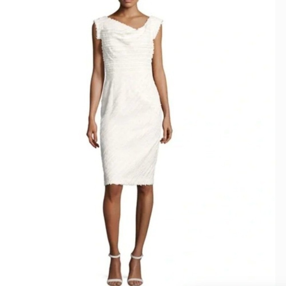 Black Halo Textured Fringe Cowl Neck Sheath Dress Cream Ivory Cap Sleeve